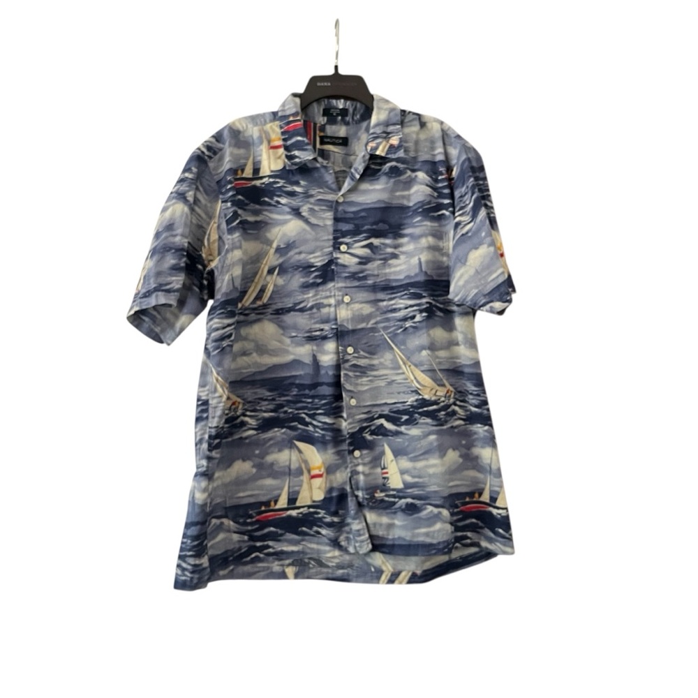 Nautica Men’s XL Blue Hawaiian Shirt With Sail Boats Casual Cotton Button Down